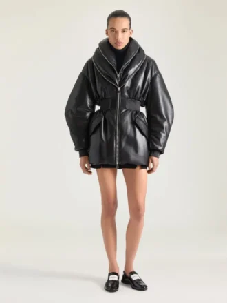 Bomberjacka i timglasform med dragkedja och sjalkrage i läder