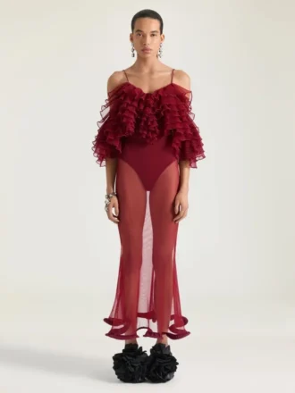 Lång volangklänning i ultrafint stickat